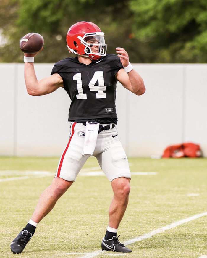 Georgia quarterback Gunner Stockton during Georgia’s practice session in Athens, Ga., on Tuesday, March 28, 2023. (Tony Walsh/UGAAA)
